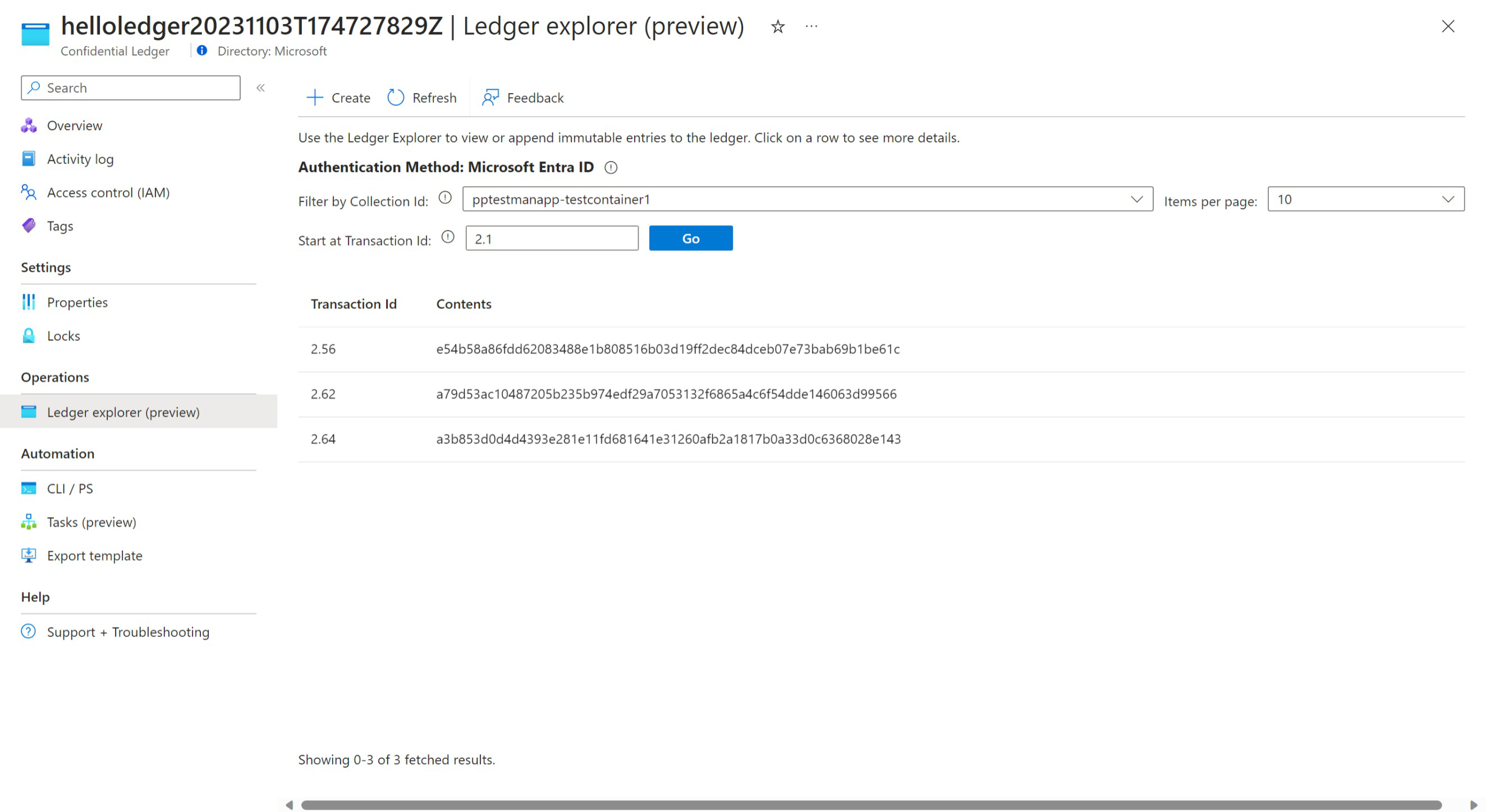 Cuplikan layar portal Azure di browser web, memperlihatkan penjelajah Azure Confidential Ledger dengan transaksi hash.