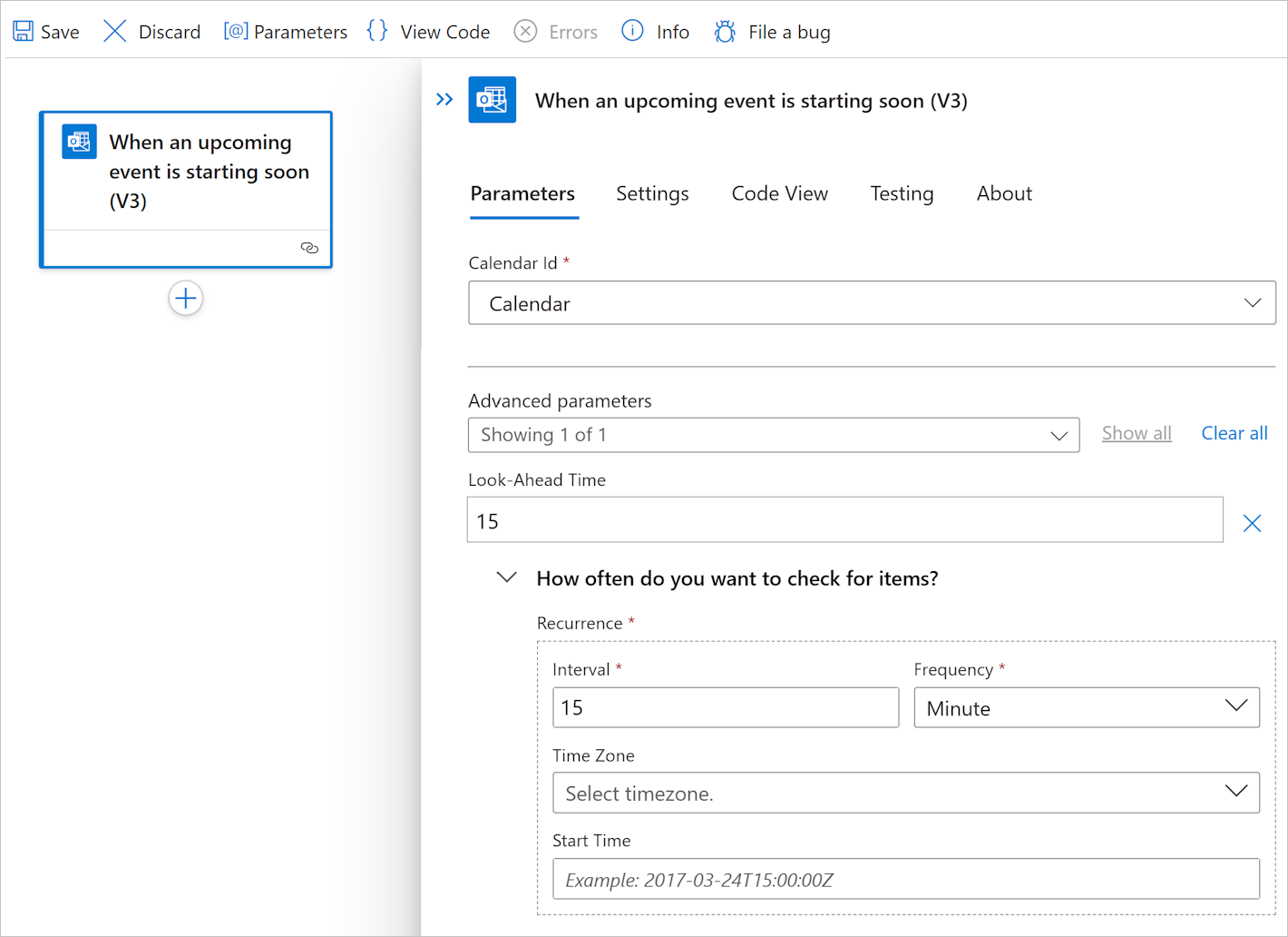 Cuplikan layar memperlihatkan portal Azure, alur kerja Standar, dan parameter pemicu.