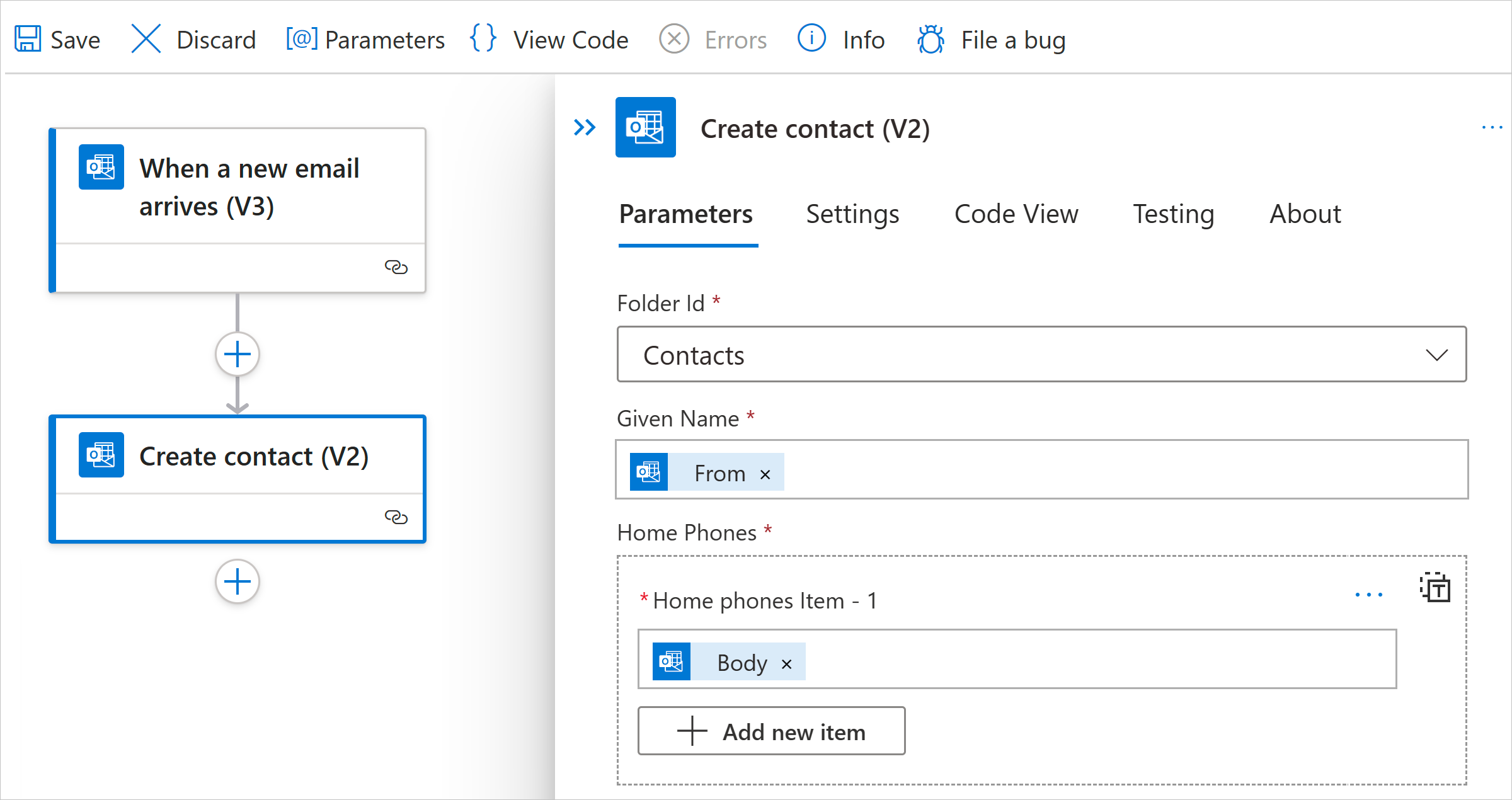 Cuplikan layar memperlihatkan parameter portal Azure, Alur kerja Standar, dan tindakan.