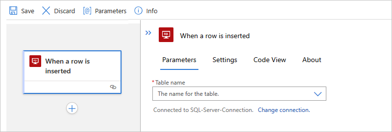 Cuplikan layar memperlihatkan perancang alur kerja standar dan tindakan bawaan yang bernama 'Ketika sebuah baris disisipkan'.