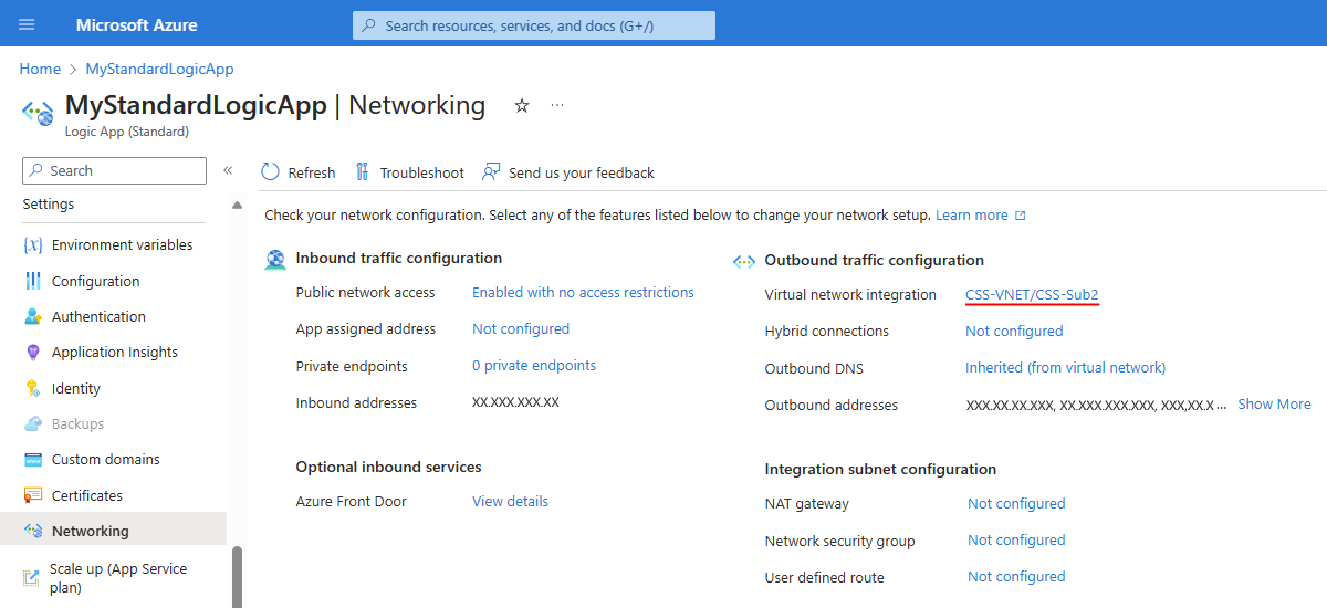 Cuplikan layar memperlihatkan portal Azure, sumber daya aplikasi logika Standar, halaman Jaringan dengan jaringan virtual dan subnet yang dipilih.