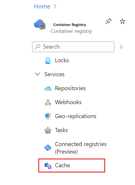 Cuplikan layar untuk cache Registri di portal Azure.