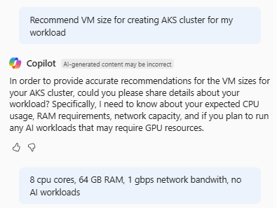 Cuplikan layar Azure Copilot yang meminta informasi untuk merekomendasikan ukuran VM untuk kluster AKS.
