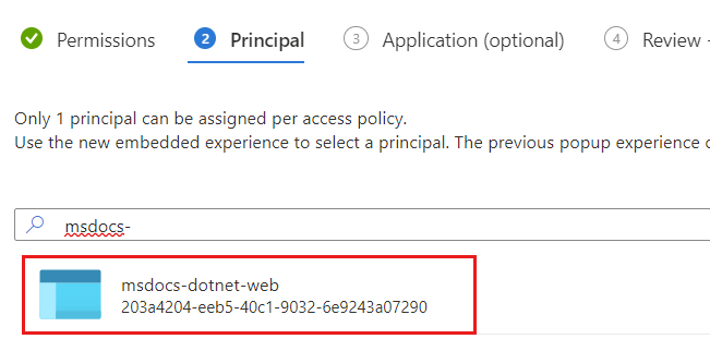 Cuplikan layar identitas terkelola aplikasi web yang ditetapkan ke izin.