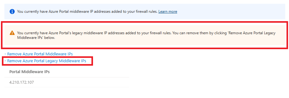 Cuplikan layar opsi untuk menghapus IP middleware warisan untuk jaringan di portal Azure.