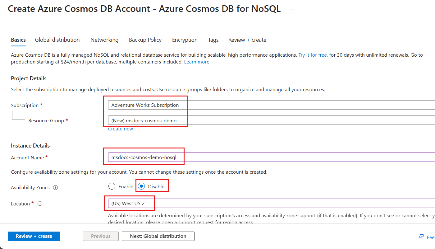 Cuplikan layar panel 'Dasar' pembuatan sumber daya NoSQL dari Azure Cosmos DB.