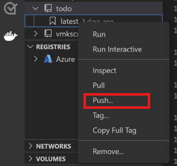 Cuplikan layar menu konteks di Visual Studio Code dengan opsi Push dipilih.