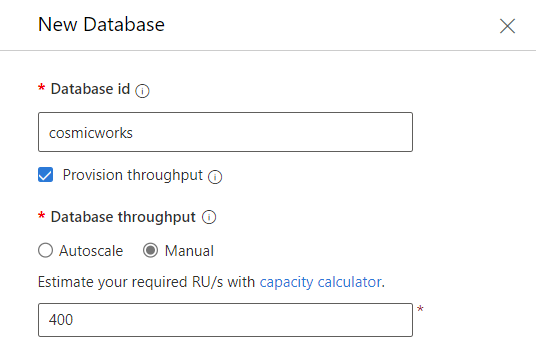 Cuplikan layar dialog Database Baru di Data Explorer dengan berbagai nilai di setiap bidang.