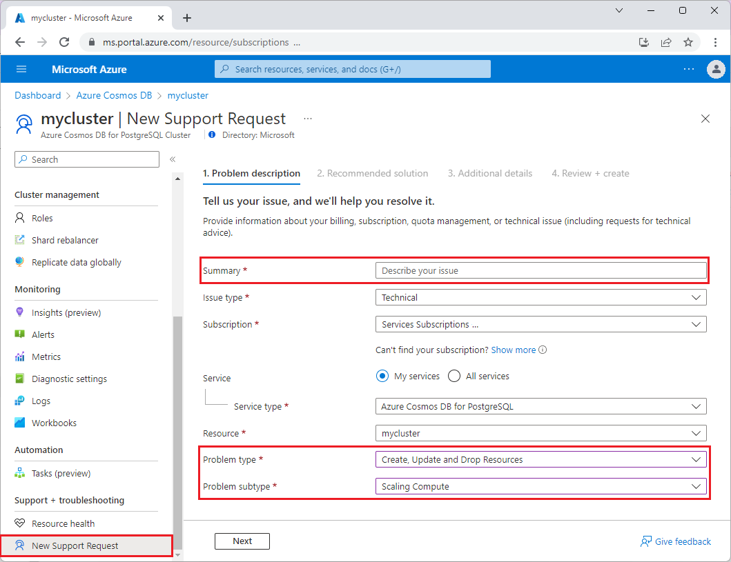 Cuplikan layar yang memperlihatkan permintaan dukungan di portal Azure.