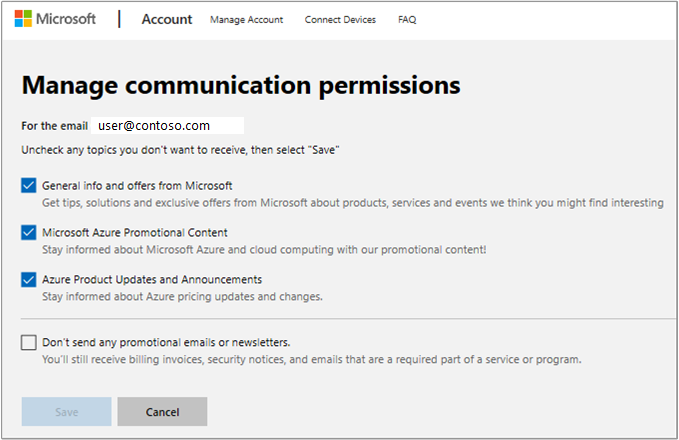 Contoh cuplikan layar halaman untuk mengelola izin komunikasi.