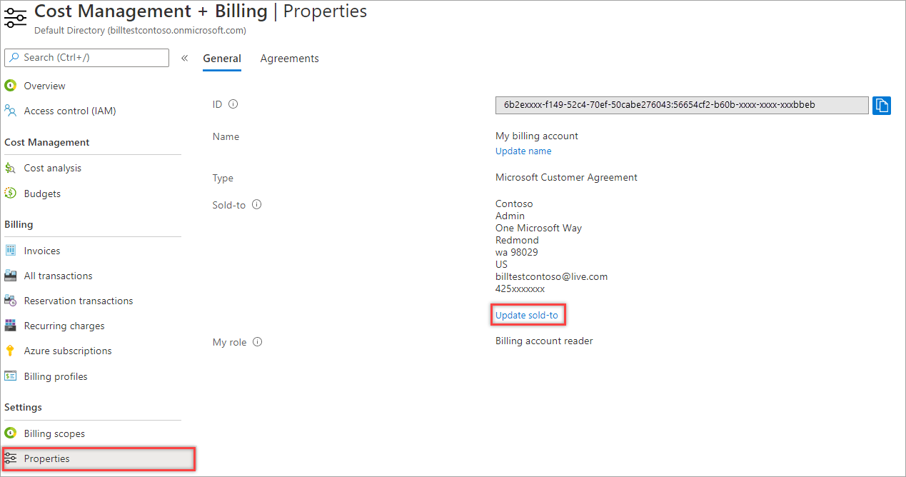 Cuplikan layar yang memperlihatkan properti untuk akun penagihan MCA tempat Anda dapat memodifikasi alamat terjual.