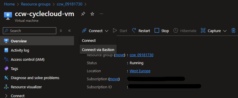 Cuplikan layar menu Sambungkan dengan Bastion.