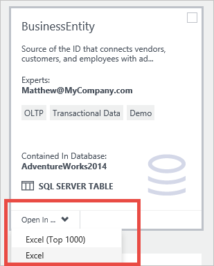 Membuka tabel SQL Server di Excel dari petak peta aset data dengan memilih tab Buka Di.