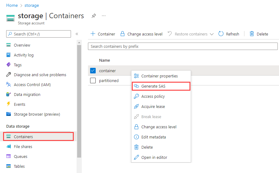 Cuplikan layar portal Azure dengan Kontainer dipilih. Kontainer tertentu diklik kanan dan menu terbuka. Hasilkan SAS dipilih dari menu ini.