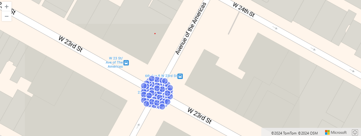 Cuplikan layar peta yang dirender memperlihatkan pengambilan taksi kota New York terdekat, seperti yang didefinisikan dalam kueri.