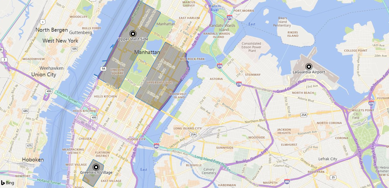 Cuplikan layar peta area Manhattan, dengan penanda untuk Upper West Side, Greenwich Village, dan bandara. Tiga lingkungan tampak redup.