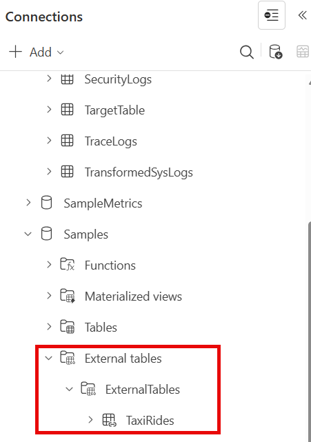 Screenshot yang memperlihatkan tabel eksternal di Azure Data Explorer web UI.