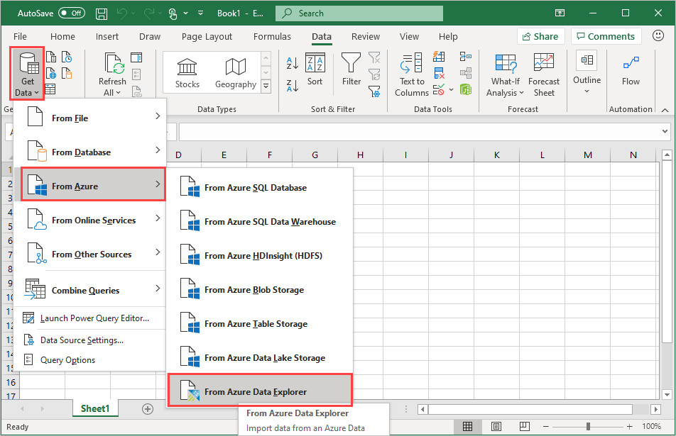 Cuplikan layar yang memperlihatkan cara mendapatkan data dari antarmuka pengguna web Azure Data Explorer.