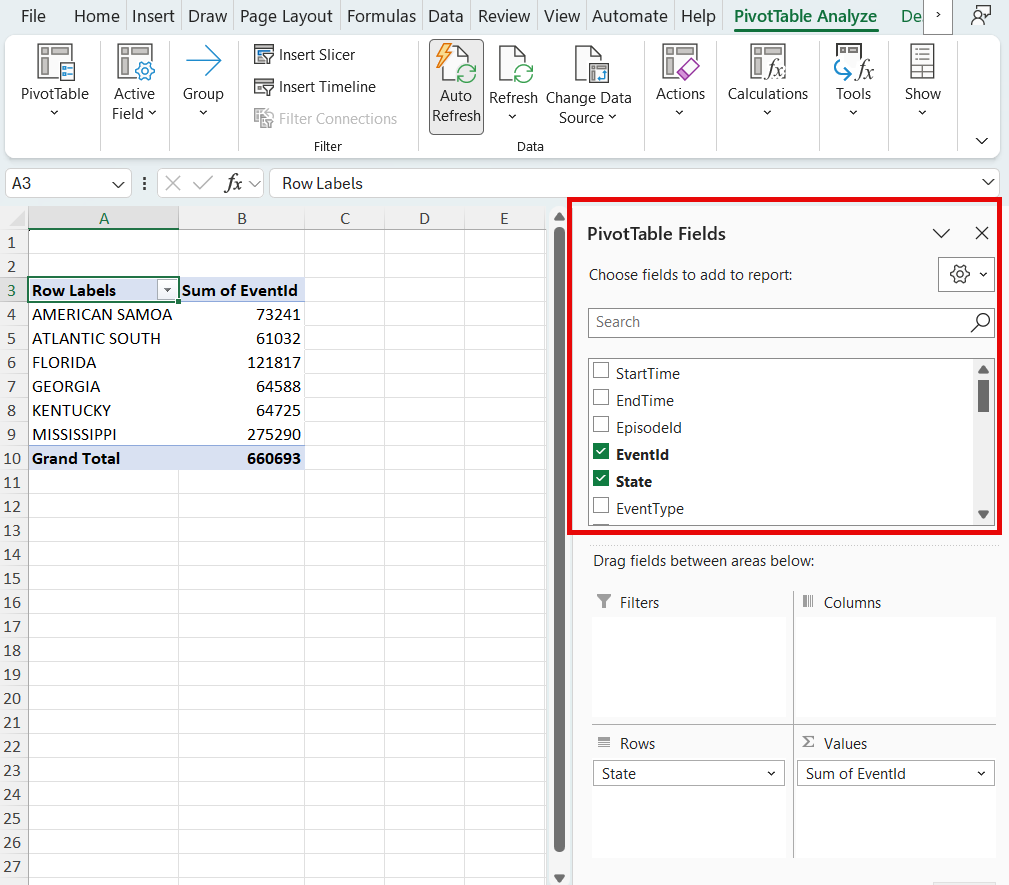 Cuplikan layar yang memperlihatkan cara memilih bidang PivotTable.