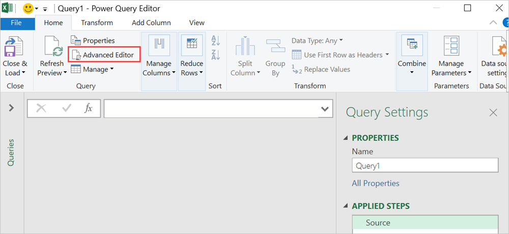 Cuplikan layar yang memperlihatkan jendela editor Power query.