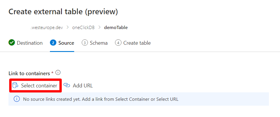 Cuplikan layar tombol pilih kontainer di tab sumber.