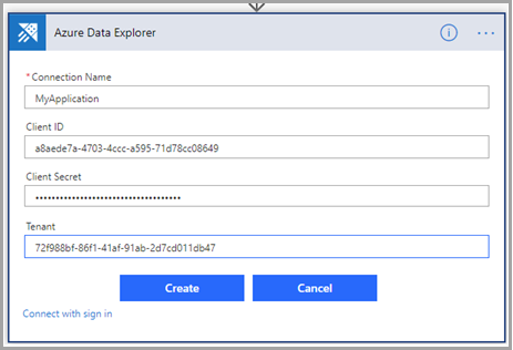 Cuplikan layar koneksi Azure Data Explorer, memperlihatkan kotak dialog autentikasi aplikasi.