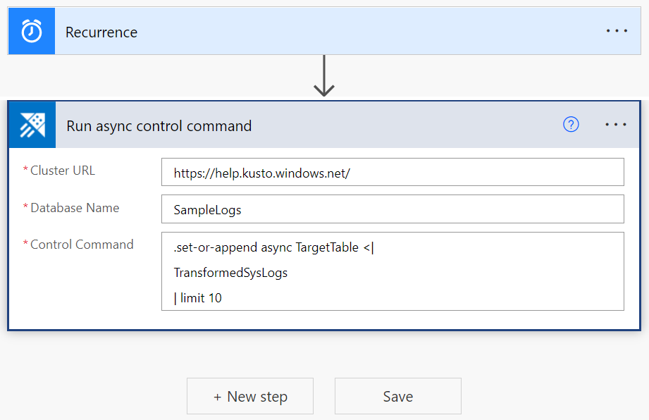 Cuplikan layar konektor Azure Data Explorer, memperlihatkan tindakan Jalankan perintah manajemen asinkron.
