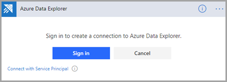 Cuplikan layar koneksi Azure Data Explorer, memperlihatkan opsi masuk.