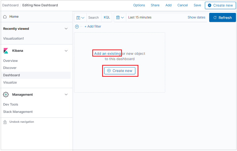 Cuplikan layar menambahkan visualisasi yang sudah ada ke dasbor.