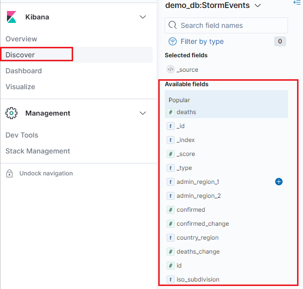 Cuplikan layar saat memilih sebuah bidang dari daftar bidang yang tersedia di tab Discover.