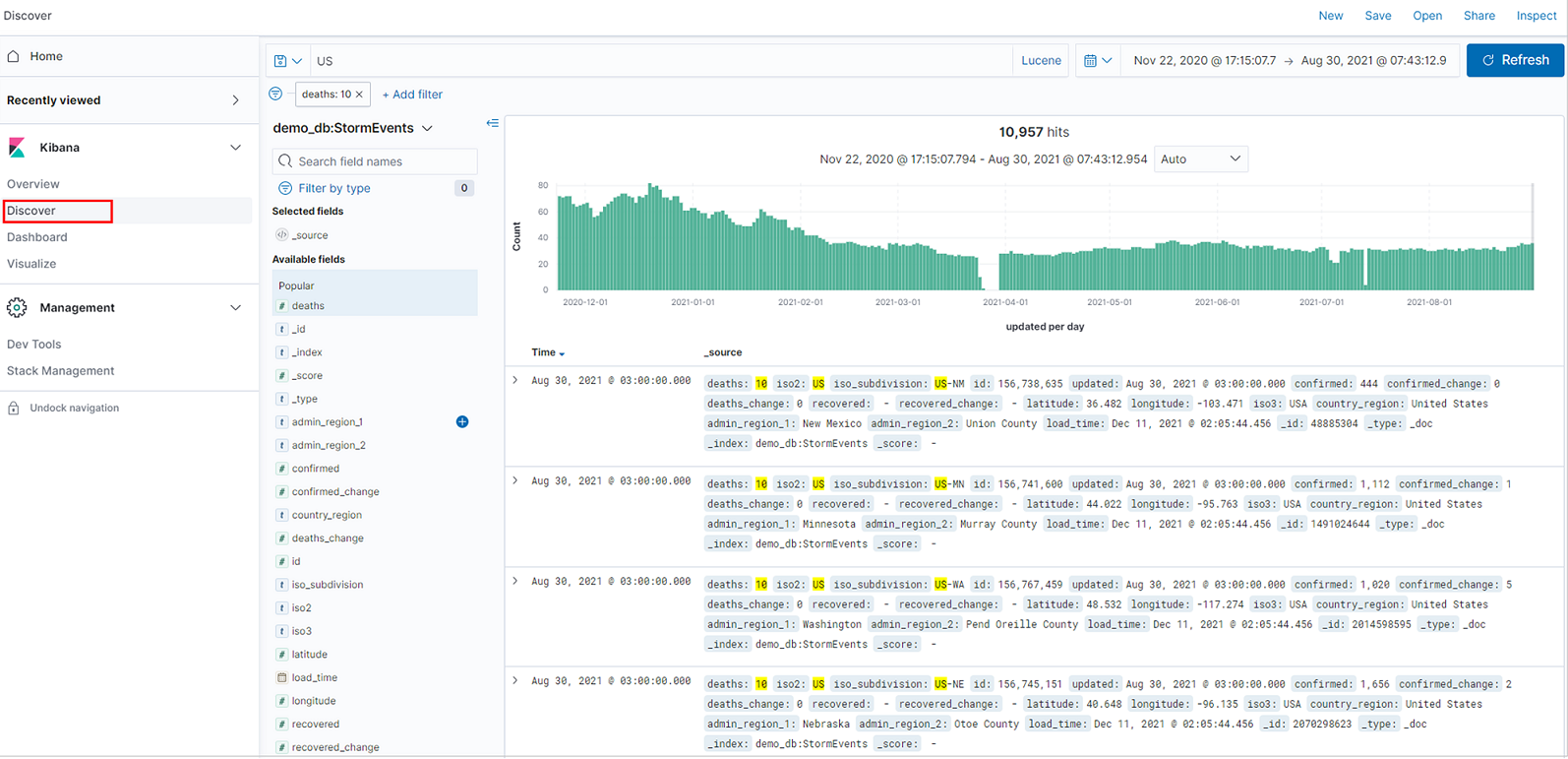 Cuplikan layar tab Temukan di Kibana.