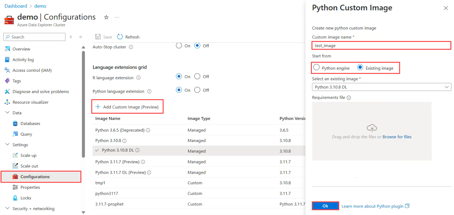 Cuplikan layar halaman konfigurasi kluster Azure Data Explorer, memperlihatkan panel pembuatan gambar kustom.