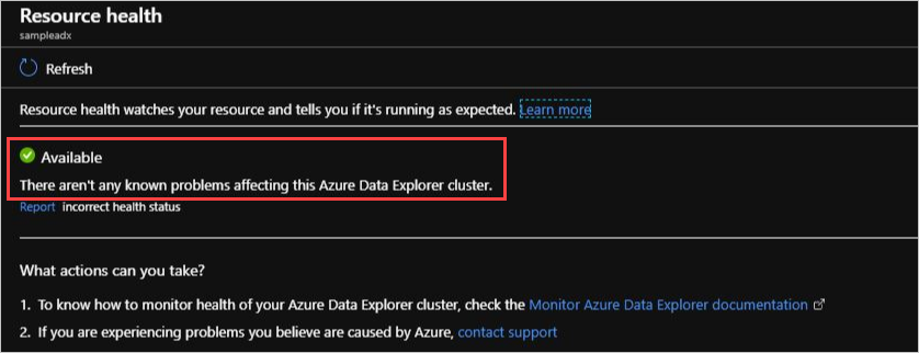 Cuplikan layar halaman Kesehatan sumber daya untuk sumber daya Azure Data Explorer. Status terdaftar sebagai tersedia dan disorot.