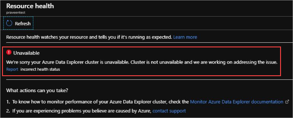 Cuplikan layar halaman Kesehatan sumber daya untuk sumber daya Azure Data Explorer, dengan status dan tautan yang tidak tersedia yang disorot untuk dukungan dan informasi.