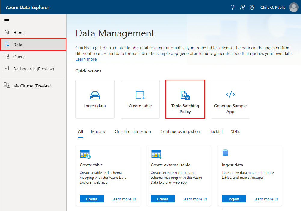 Cuplikan layar U I web Azure Data Explorer dengan kartu kebijakan batching tabel dipilih untuk membuat perubahan kebijakan.