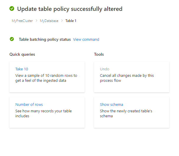 Cuplikan layar akhir dalam wizard kebijakan batching tabel pembaruan untuk Azure Data Explorer.