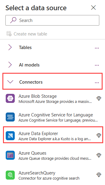 Cuplikan layar halaman aplikasi memperlihatkan daftar konektor data. Konektor berjudul Azure Data Explorer disorot.