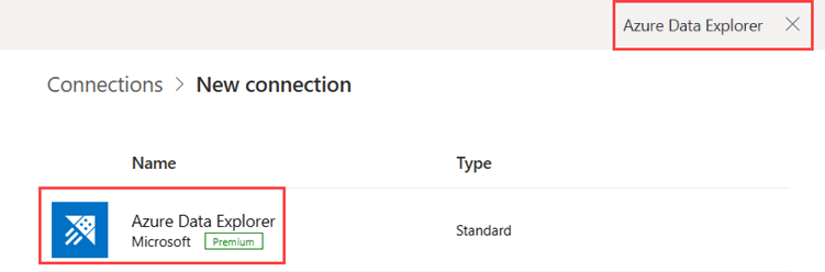 Cuplikan layar halaman koneksi baru, memperlihatkan pencarian dan memilih koneksi Azure Data Explorer.