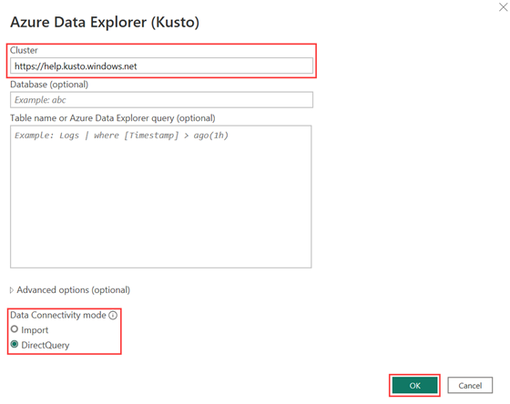 Cuplikan layar jendela koneksi Azure Data Explorer(Kusto) memperlihatkan URL kluster bantuan, dengan opsi DirectQuery dipilih.