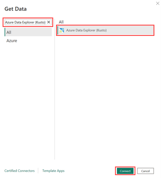 Cuplikan layar jendela Dapatkan Data, memperlihatkan Azure Data Explorer di bilah pencarian dengan opsi sambungkan disorot.