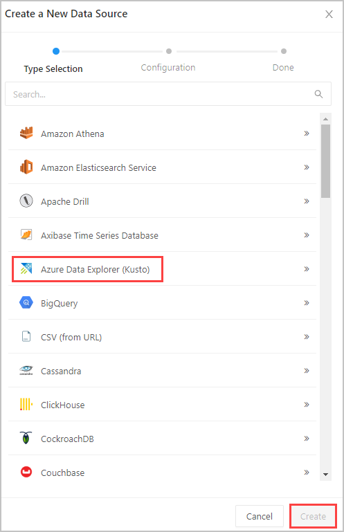 Pilih sumber data Azure Data Explorer.