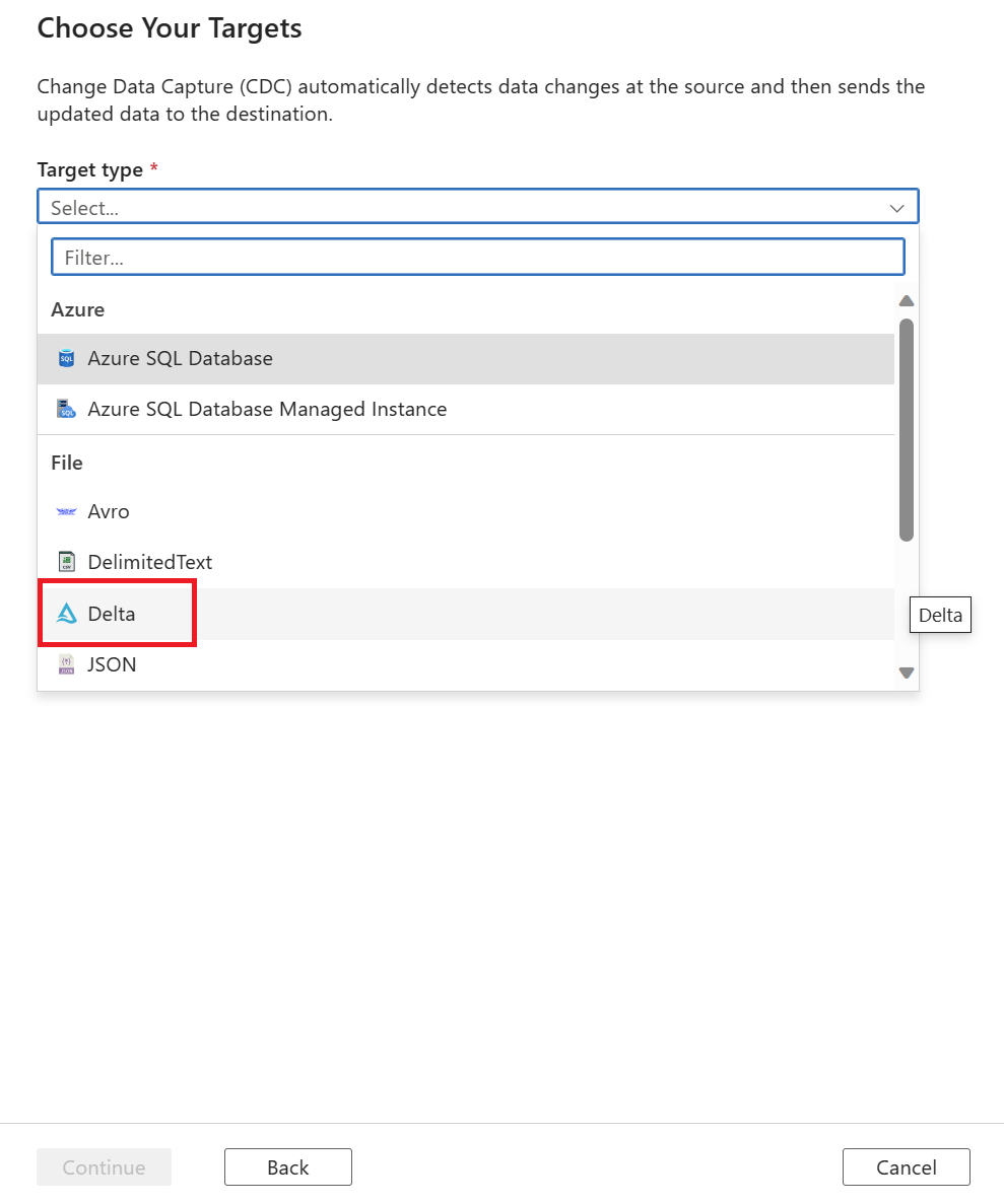 Cuplikan layar menu dropdown dari semua jenis target data.