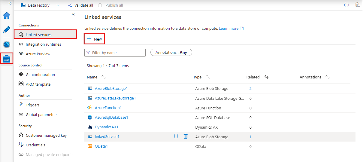 Memperlihatkan tab Kelola studio Azure Data Factory dengan layanan tertaut dan tombol Baru disorot.