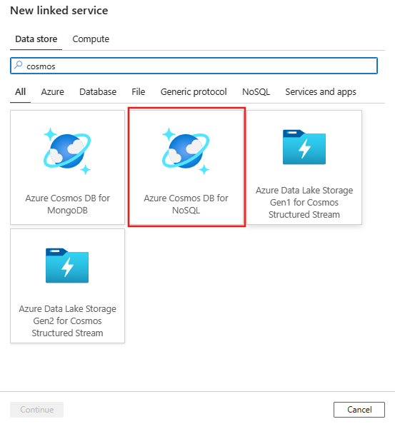 Pilih Azure Cosmos DB untuk konektor NoSQL.