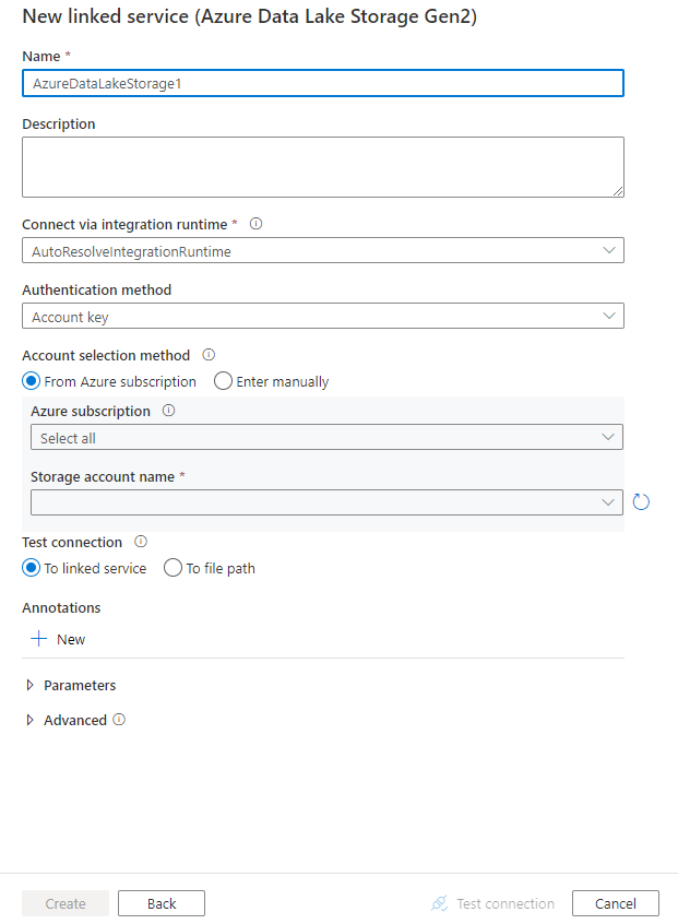 Screenshot konfigurasi untuk layanan tertaut Azure Data Lake Storage Gen2.