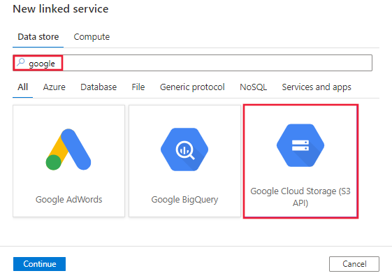 Pilih konektor Google Cloud Storage (S3 API).