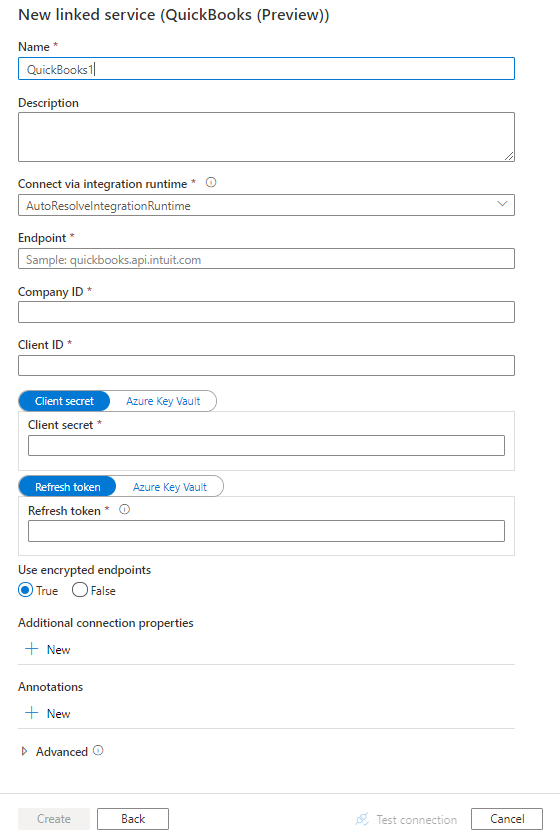 Tangkapan layar konfigurasi layanan tertaut untuk QuickBooks.