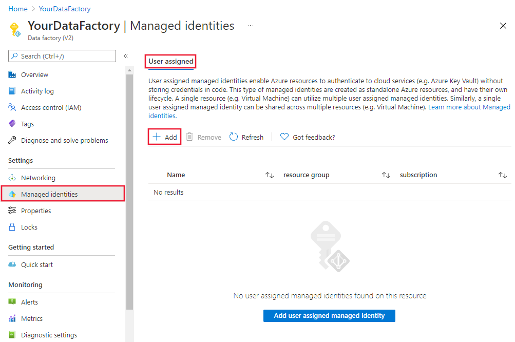 Screenshot memperlihatkan cara menggunakan portal Azure untuk mengaitkan identitas terkelola yang ditetapkan pengguna.