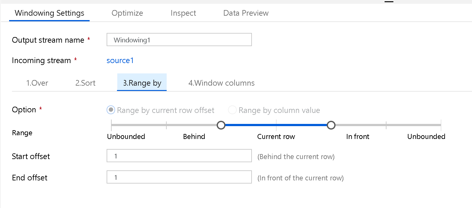 Cuplikan layar memperlihatkan Pengaturan Windowing dengan tab Range by dipilih.