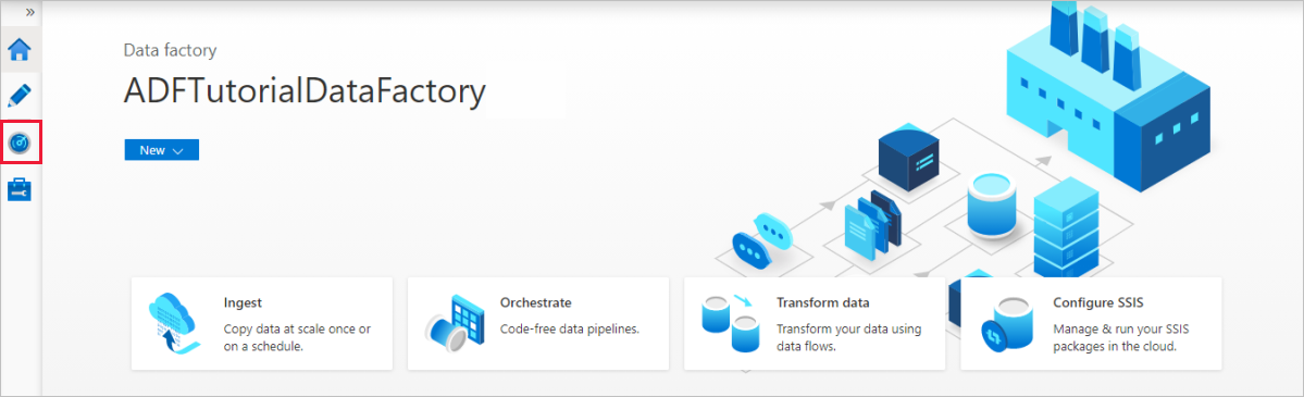 Cuplikan layar menunjukkan beranda Azure Data Factory.